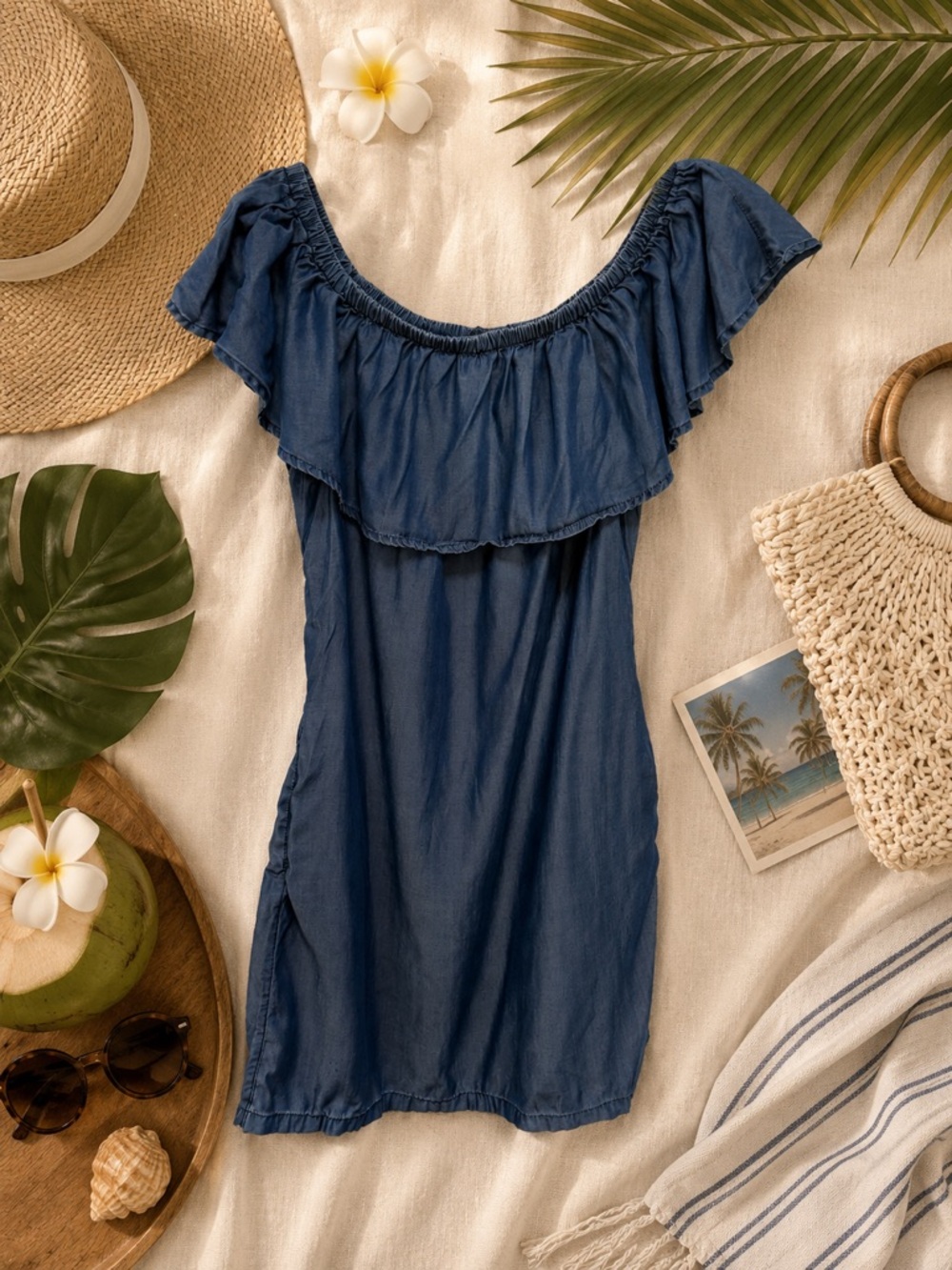 Tommy Bahama Tencel Lyocell Chambray Off Shoulder Ruffle Dress Small
